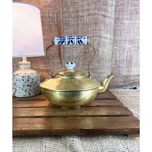 Vintage Brass Teapot with Delft-Style Blue & White Porcelain Handle